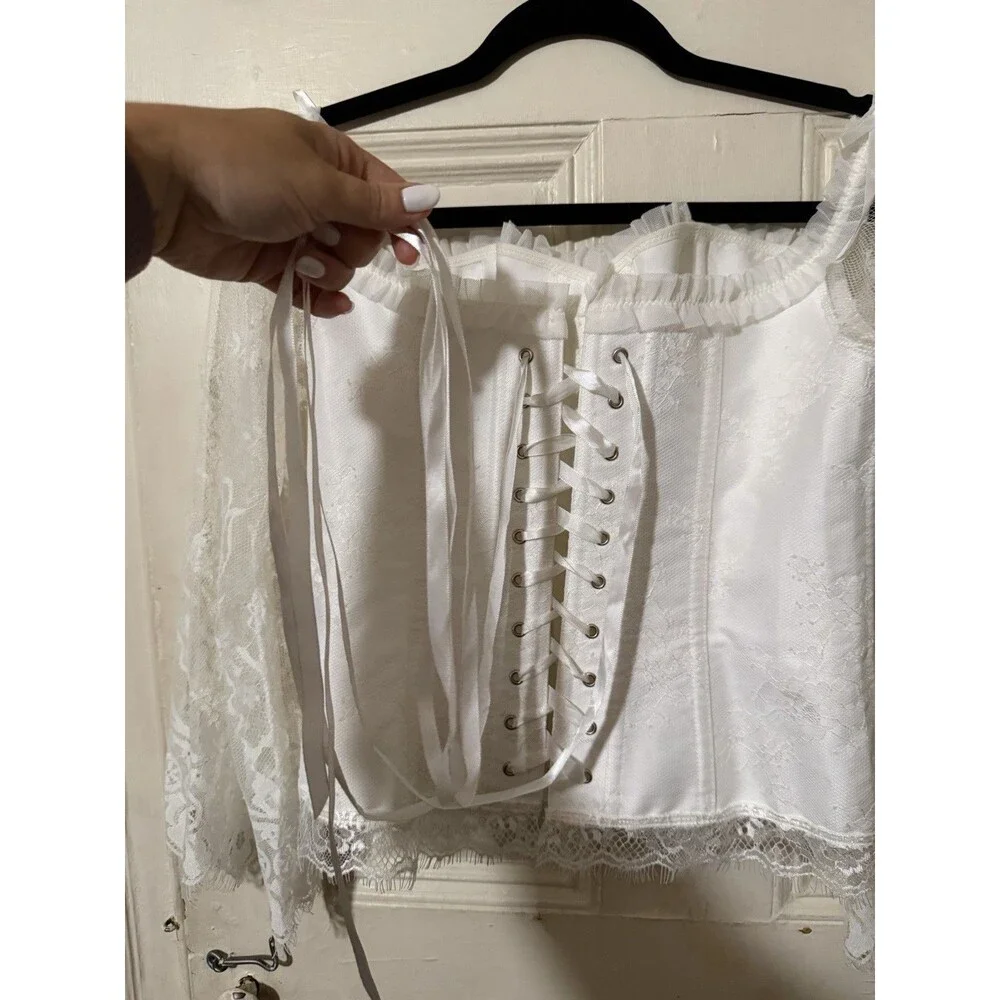 White Lace Corset Top Off Shoulder Long Sleeve Lace Up Renaissance Cottagecore L
